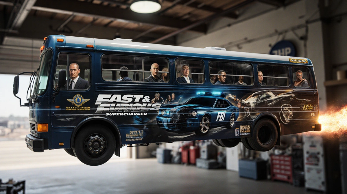 Fast & Furious ride bus hovering with Dodge Charger and FBI silhouettes against a blurred garage background.