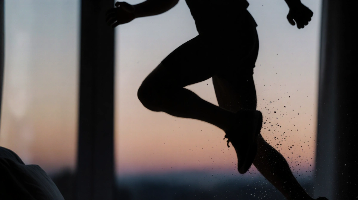 Person leaping out of bed at dawn with flush skin and sweat beads showing fasted morning workout