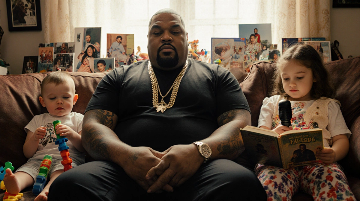 Fat Joe sits on couch with family photos of his children and music memorabilia lighting the warm room.