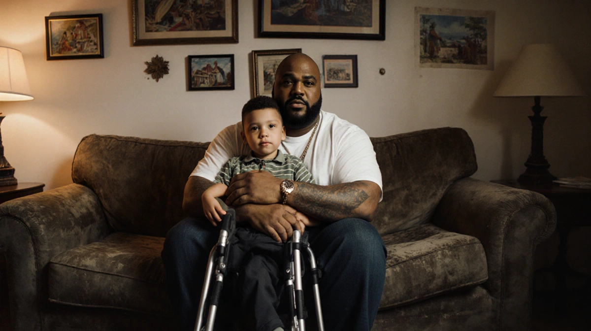 Fat Joe holding his son Joey on a worn couch with photos showing a loving special-needs father-son bond with adaptive device.