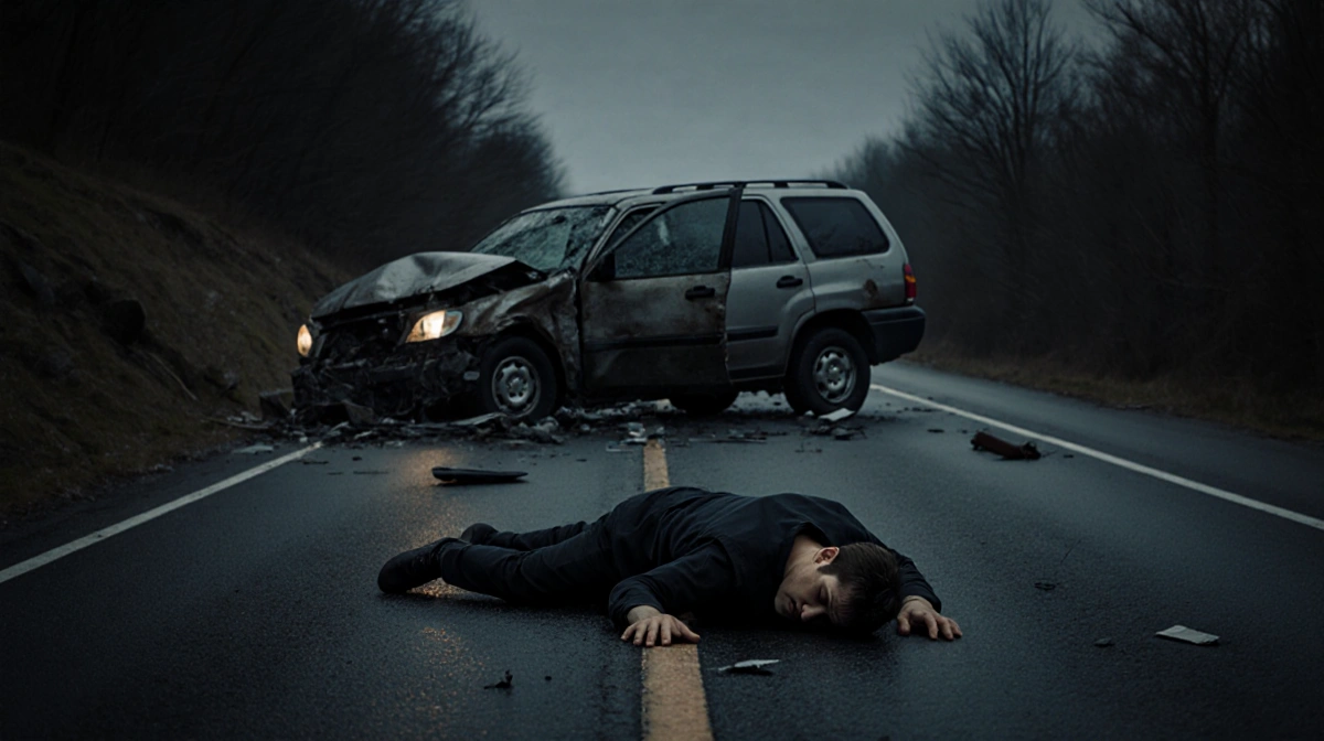 Overturned vehicle lies on road with person motionless nearby and debris scattered at crash scene