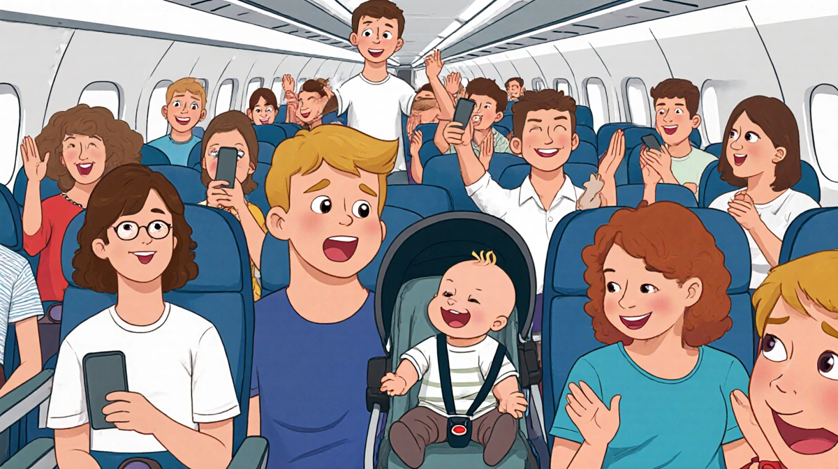 Young father laughing with baby in stroller while passengers cheer and take photos on packed airplane