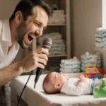 Father singing to newborn baby during diaper change with soft lighting and toys nearby