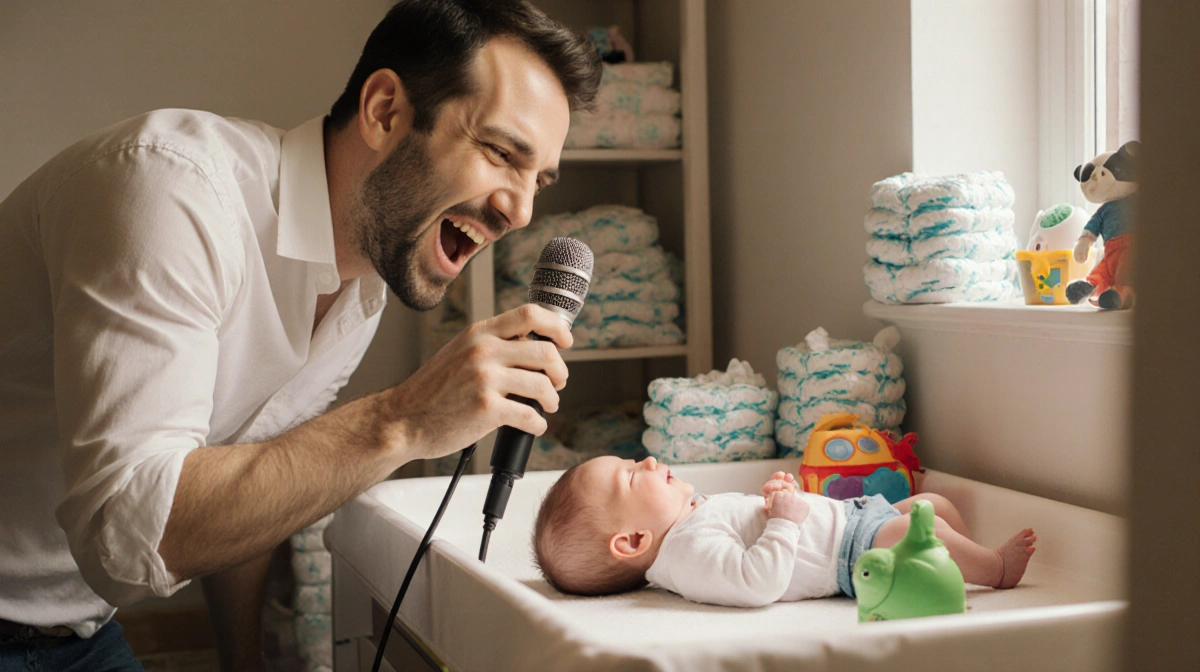 Father singing to newborn baby during diaper change with soft lighting and toys nearby