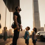 Determined father in climbing gear gazes up at Taipei 101 with his two young children watching from below and golden sunset r
