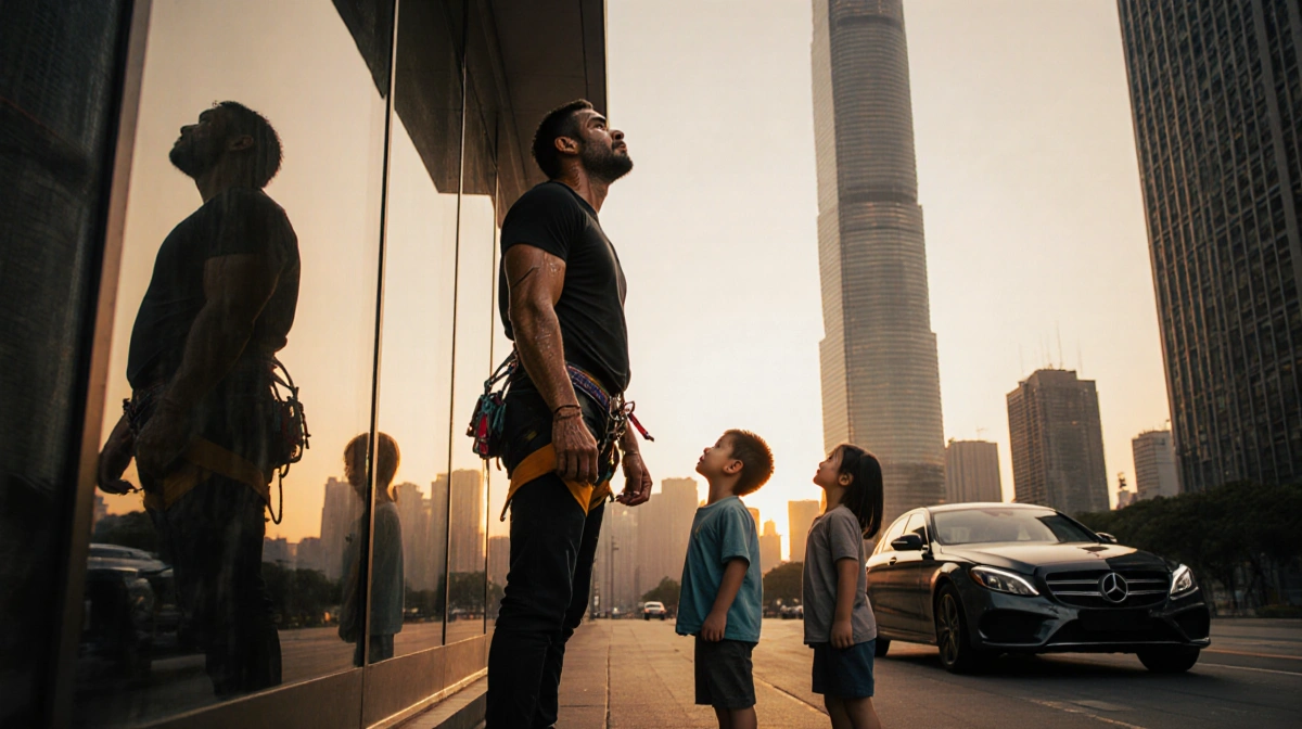 Determined father in climbing gear gazes up at Taipei 101 with his two young children watching from below and golden sunset r