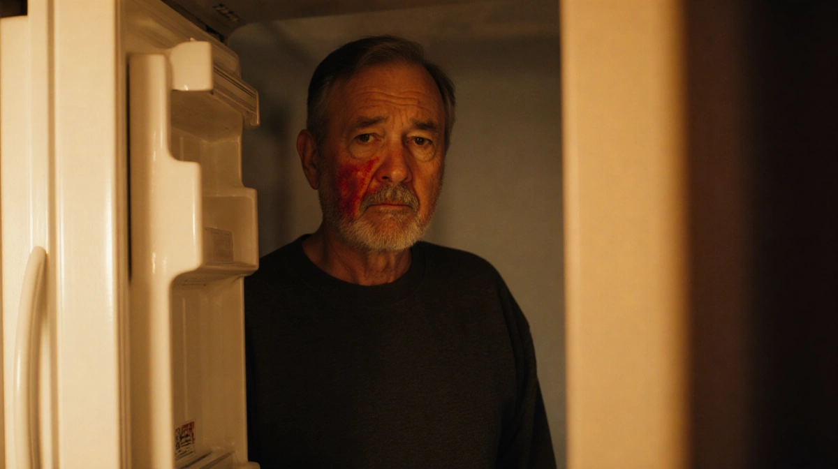 Man stands before open refrigerator with drooping cheek and inside-out sleeves showing concern