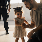 Father kneeling beside tearful daughter on cold concrete floor with soft light illuminating their bond