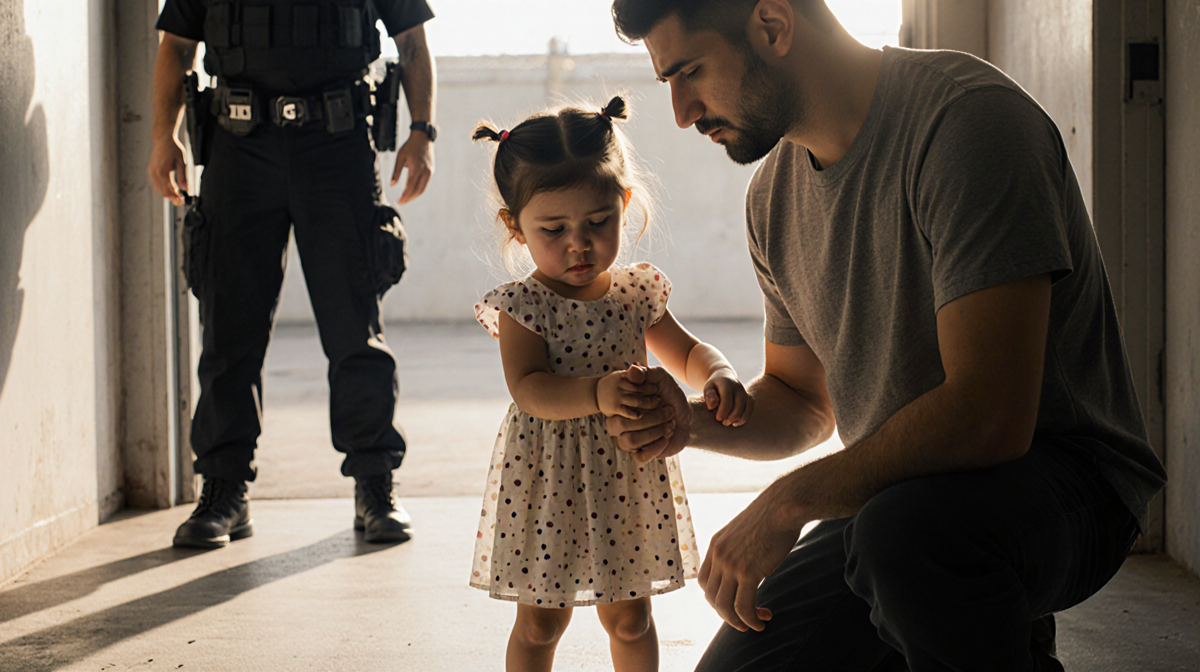 Father kneeling beside tearful daughter on cold concrete floor with soft light illuminating their bond