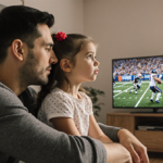 Father comforting his daughter with gentle embrace and TV screen showing NFL highlights in background