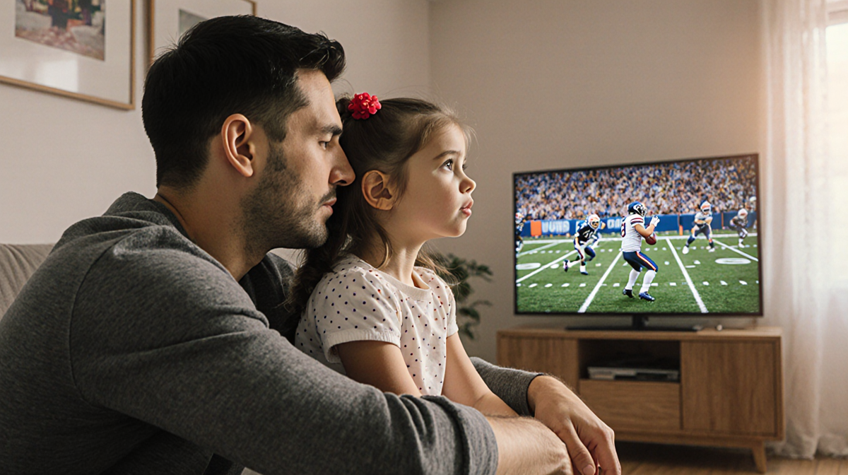 Father comforting his daughter with gentle embrace and TV screen showing NFL highlights in background