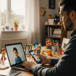 Father holding smartphone with child photo while seated at desk surrounded by family pictures under a warm glow