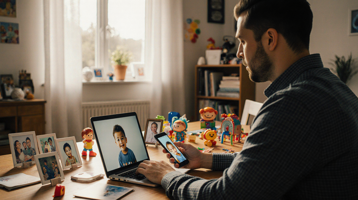 Father holding smartphone with child photo while seated at desk surrounded by family pictures under a warm glow