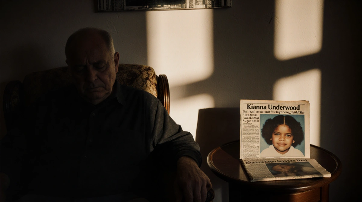 Father sits in worn armchair with photo of Kianna Underwood and newspaper clipping showing tragic death