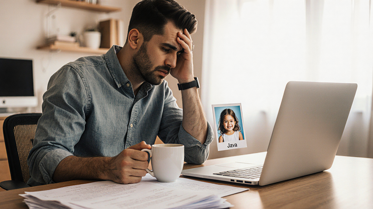 Father sits at desk with laptop and coffee while holding photo of daughter and papers stack nearby.