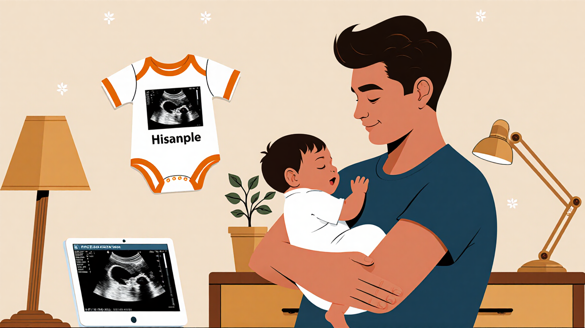 Father holding newborn boy with warm smile near office desk showing sonogram photo and family tree outline.