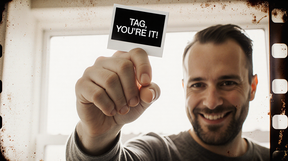 Father holding newborn baby hand with black-and-white polaroid caption Tag You