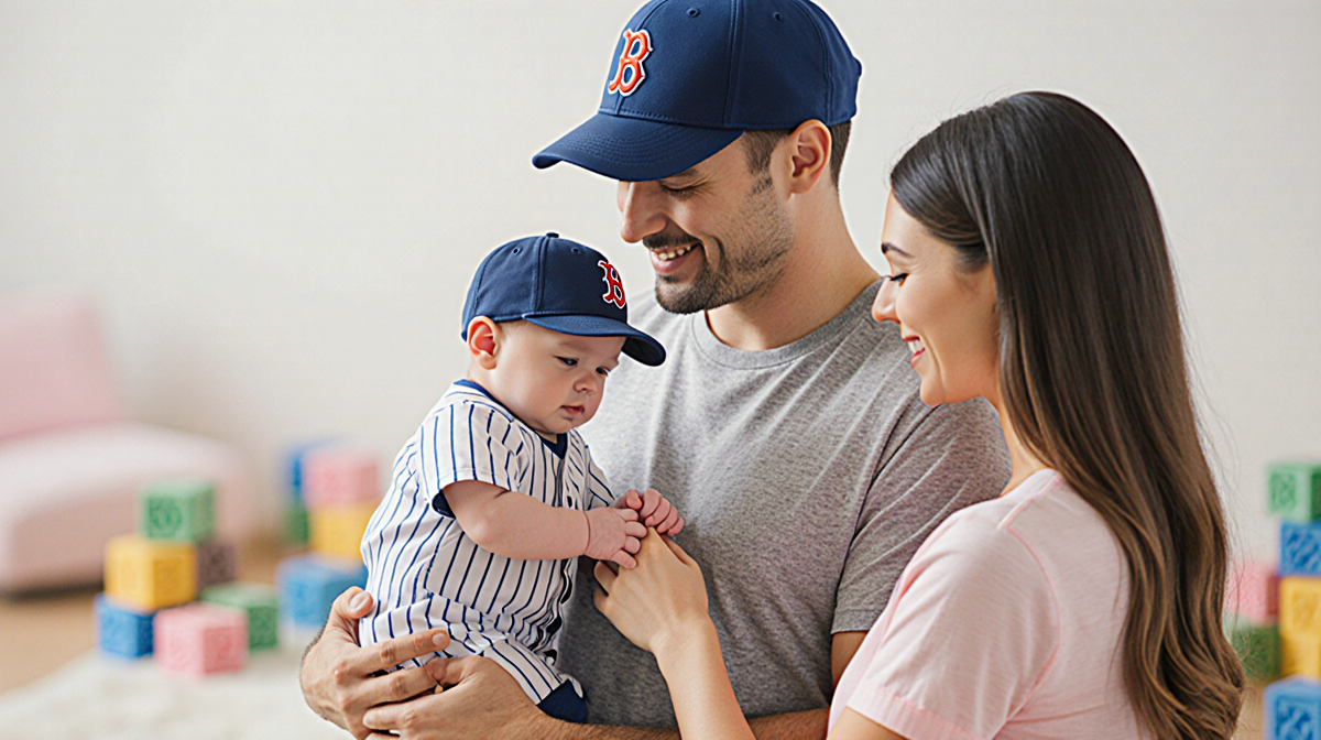 Father holding newborn son's hand with mother smiling beside them near baby blocks and tiny baseball uniform and cap in paste