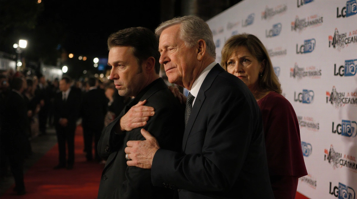 Father and son sharing emotional moment on red carpet with Graham's hands on his shoulder and woman watching with tears