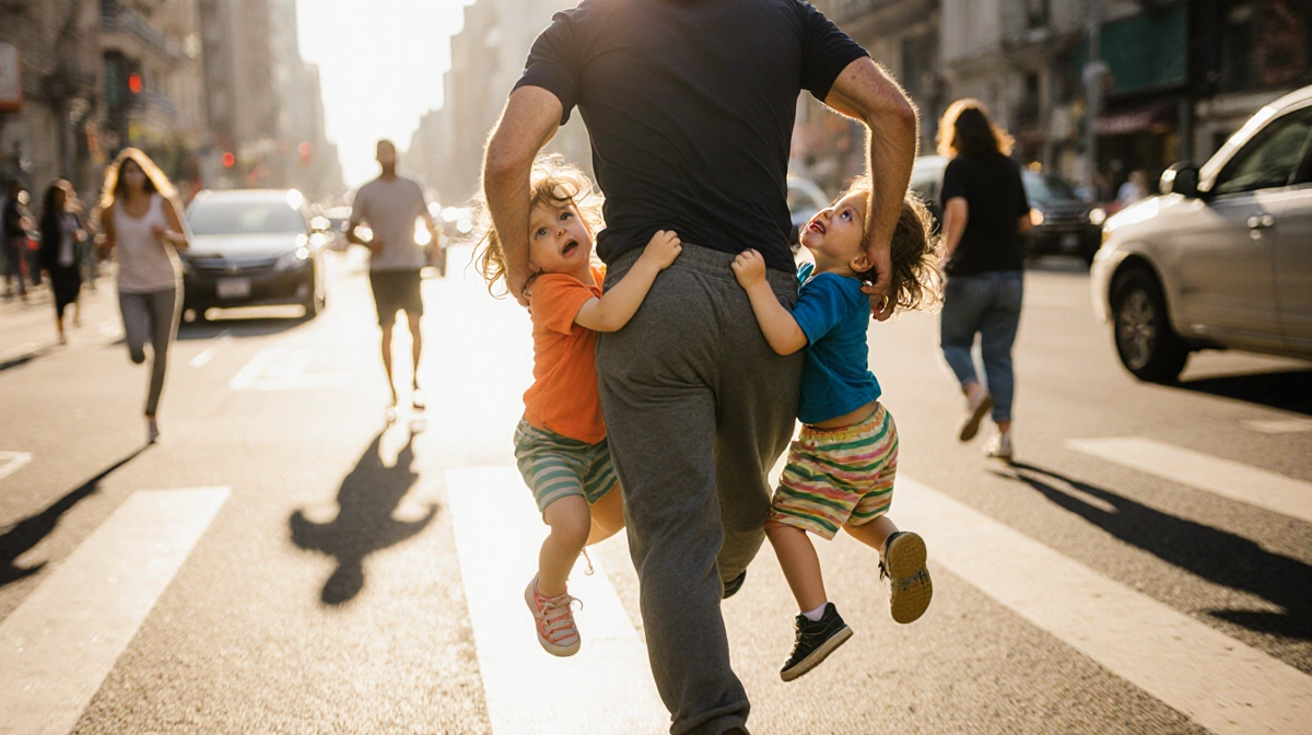 Father rushing down busy street with toddlers clinging to his legs and traffic blurred behind