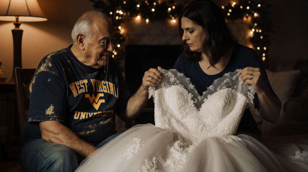 Father crying as wife holds wedding dress with lace details and Christmas lights glowing behind them