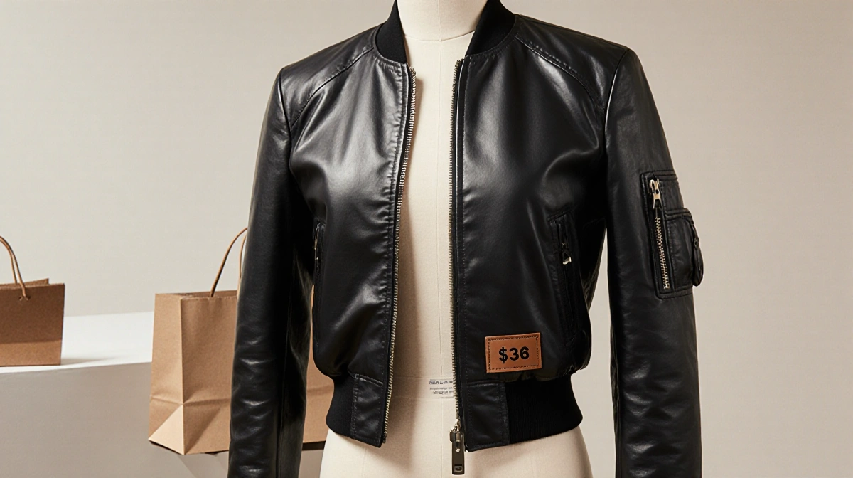 Petite mannequin wearing fitted faux-leather bomber jacket with $36 price tag and shopping bag nearby
