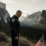 FBI agent stands with head bowed and folded American flag at feet with misty Oregon forest rising behind