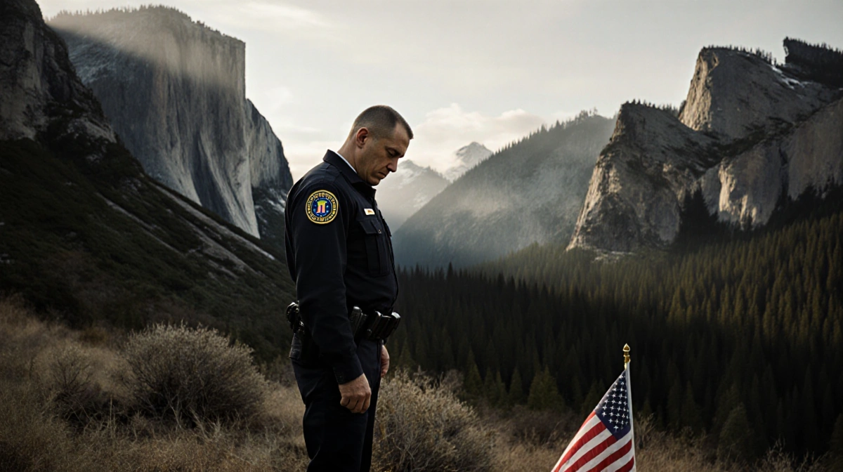 FBI agent stands with head bowed and folded American flag at feet with misty Oregon forest rising behind