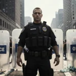 FBI agent stands guard at Minneapolis protest with riot shields behind and debris on street
