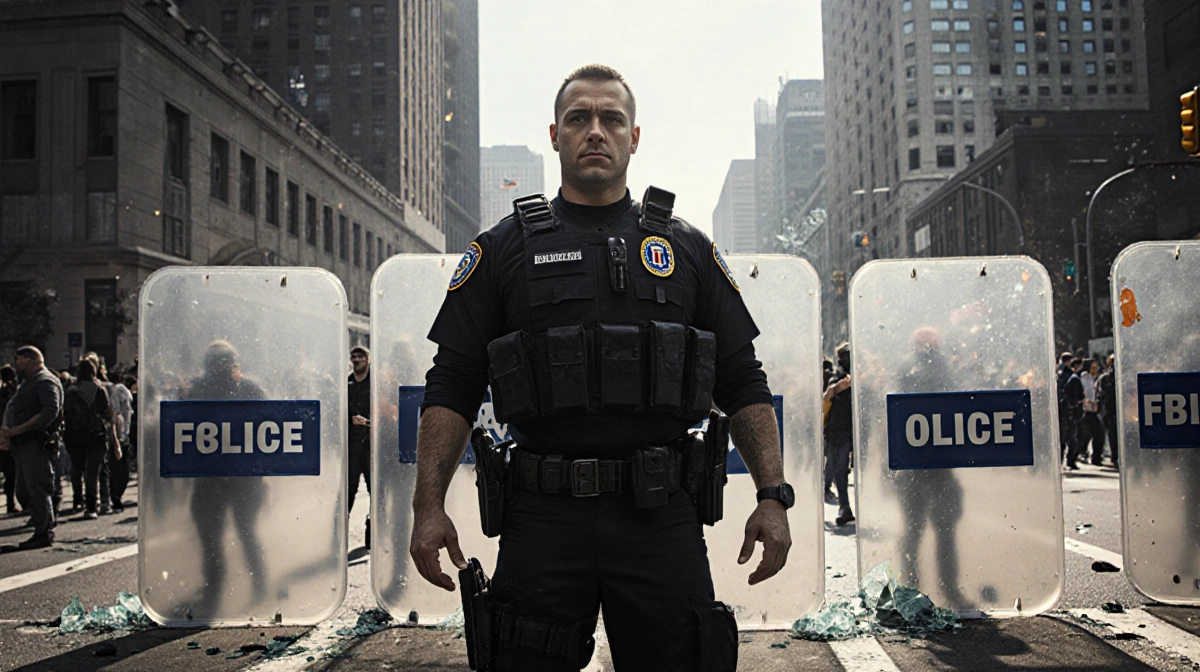 FBI agent stands guard at Minneapolis protest with riot shields behind and debris on street