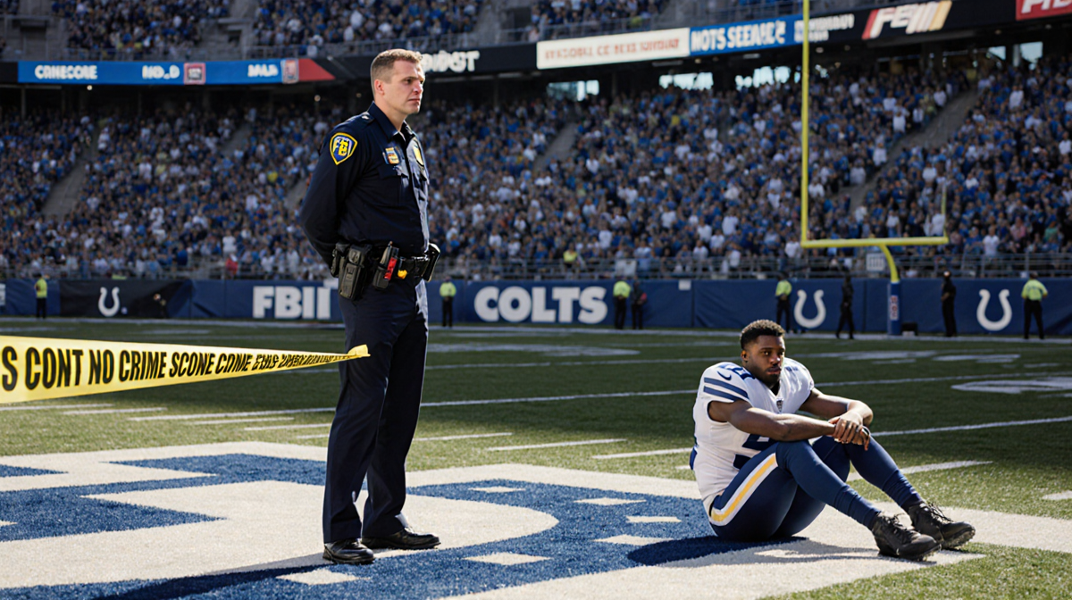 FBI agent standing beside yellow crime scene tape with somber T.Y. Hilton seated in shade on Indianapolis Speedway infield.