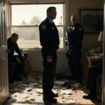 FBI agents search disheveled home office with scattered papers and harsh light casting ominous shadows