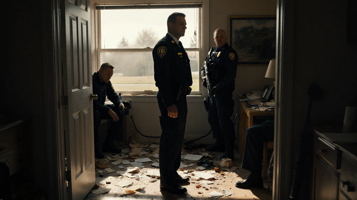 FBI agents search disheveled home office with scattered papers and harsh light casting ominous shadows