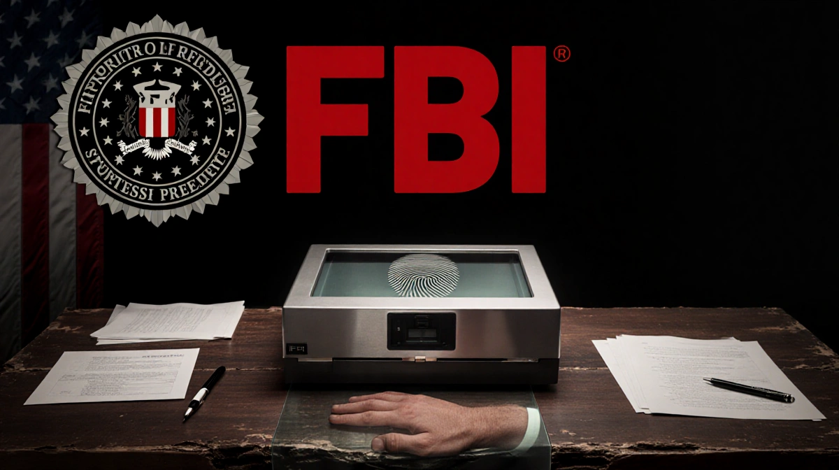 FBI seal stamped in red with fingerprint machine and papers on worn desk