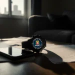 Garmin watch and smartphone lie on table with FBI badge visible on screen and papers scattered nearby