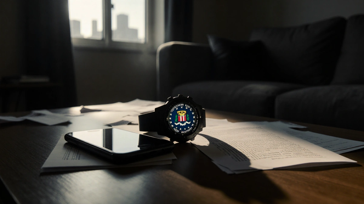 Garmin watch and smartphone lie on table with FBI badge visible on screen and papers scattered nearby