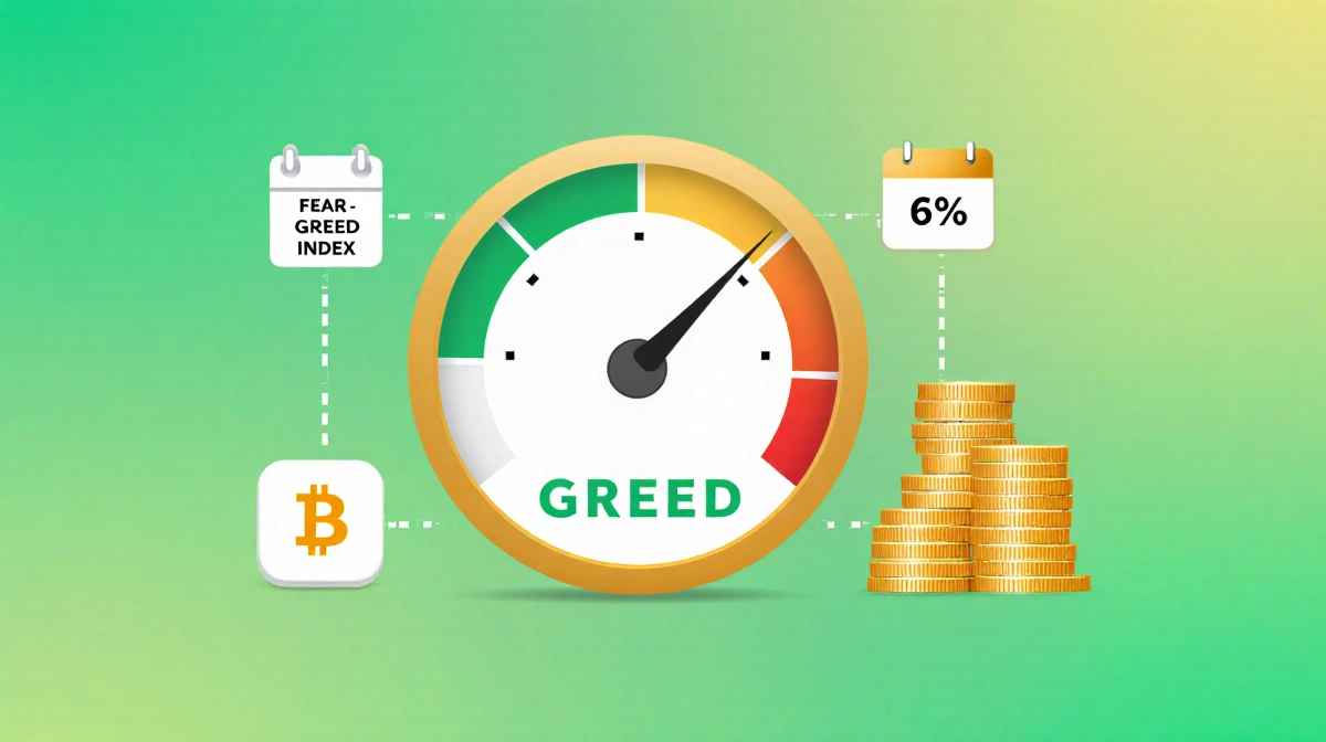 Greed gauge pointing at 61 with October 2025 date and 7% value showing Bitcoin accumulation momentum