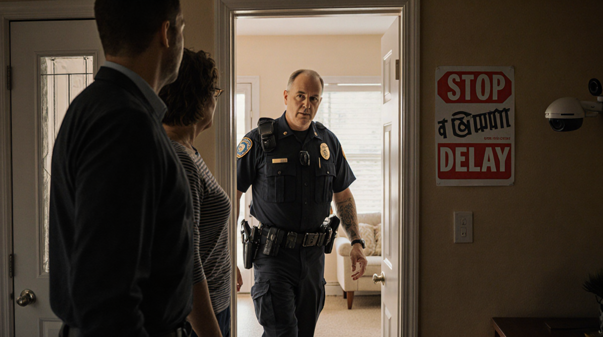 Federal agent entering a home with homeowner talking and a hidden camera in background