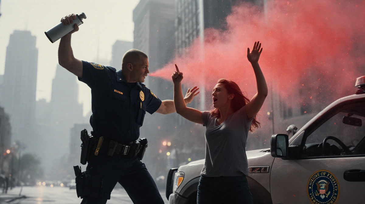 Federal agent sprays chemical at woman with raised hands and red-tinted cityscape behind