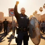 Federal agent blocks protesters with reflective shield raised and palm tree skyline behind