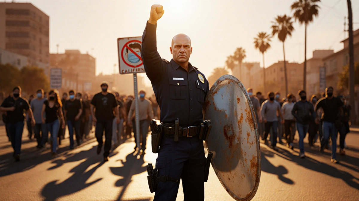 Federal agent blocks protesters with reflective shield raised and palm tree skyline behind