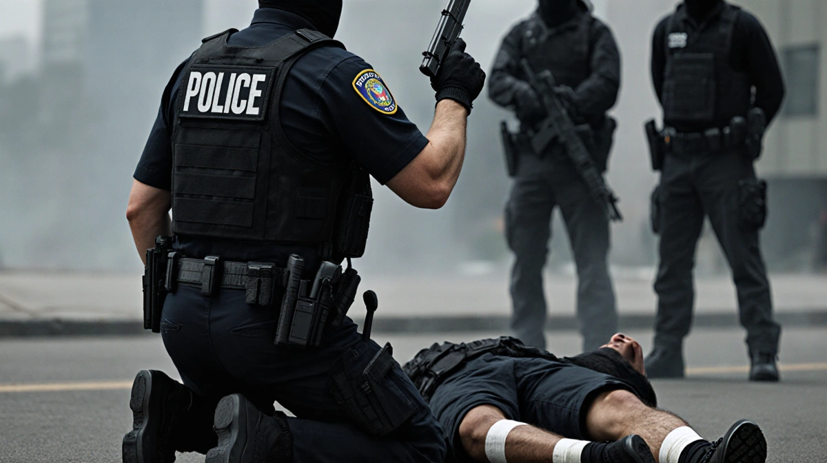Federal officer kneeling beside wounded man with raised gun and tactical vest showing badge