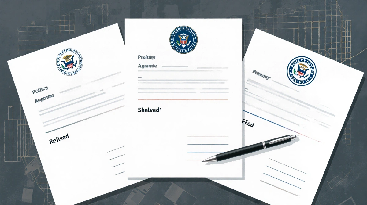 Desk holds three open policy memos with Treasury SEC and Fed logos showing shelved and revised rules with pen ready for regul