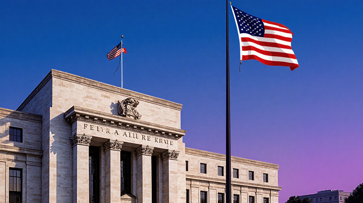 Federal Reserve building stands with American flag waving and dusk sky showing purple blue gradient