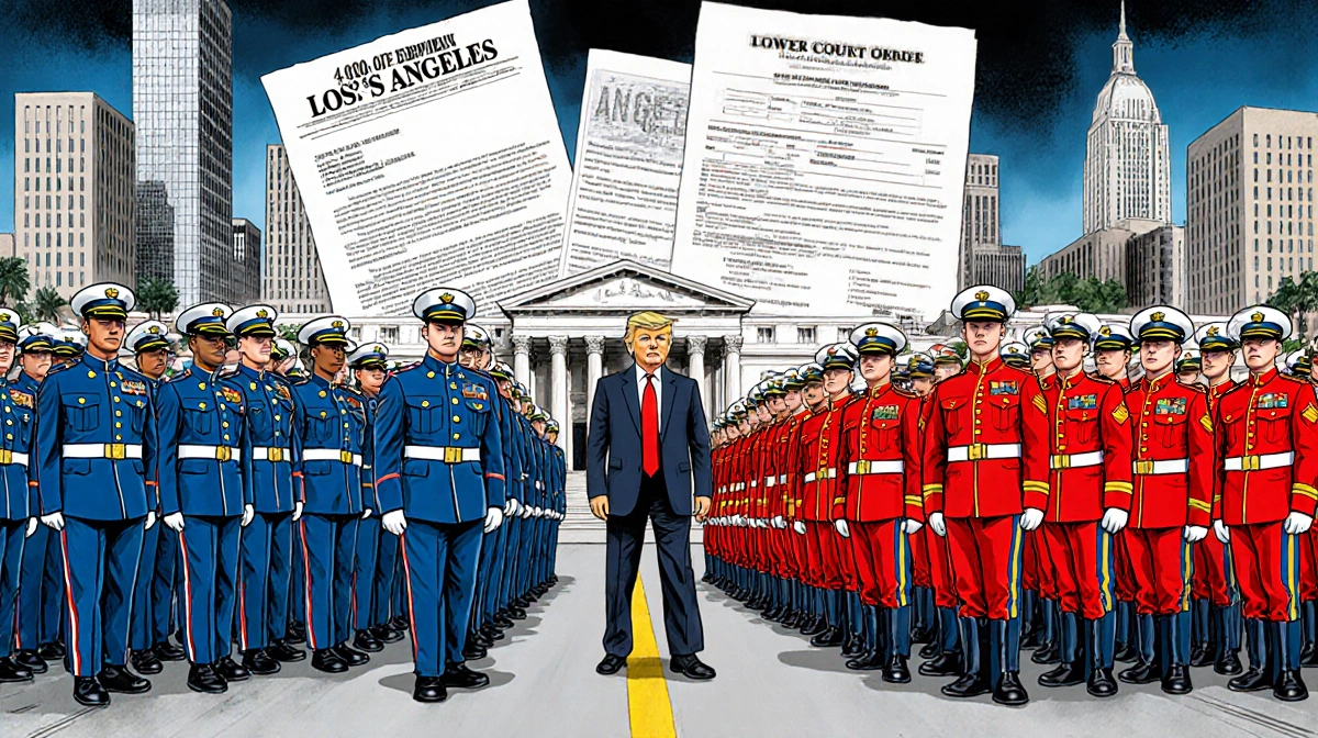 Troops in blue uniforms stand beside red uniform state soldiers with court documents and skyscrapers in background