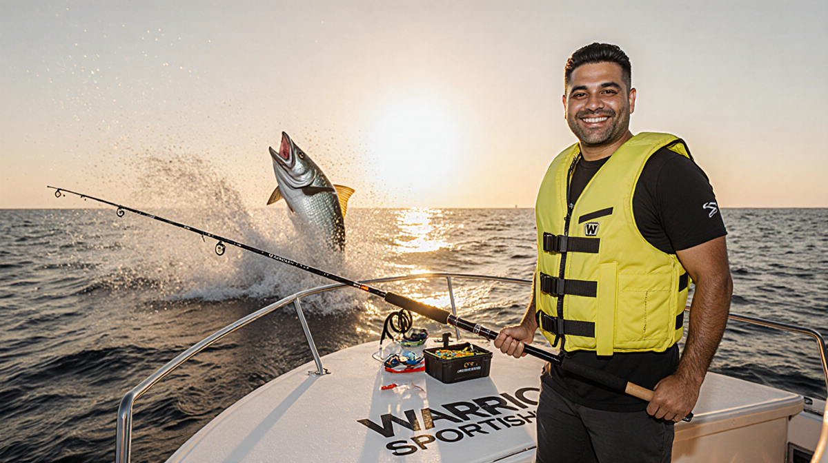 Felipe stands proudly on yacht bow with massive fish breaking water and sunset glow in background