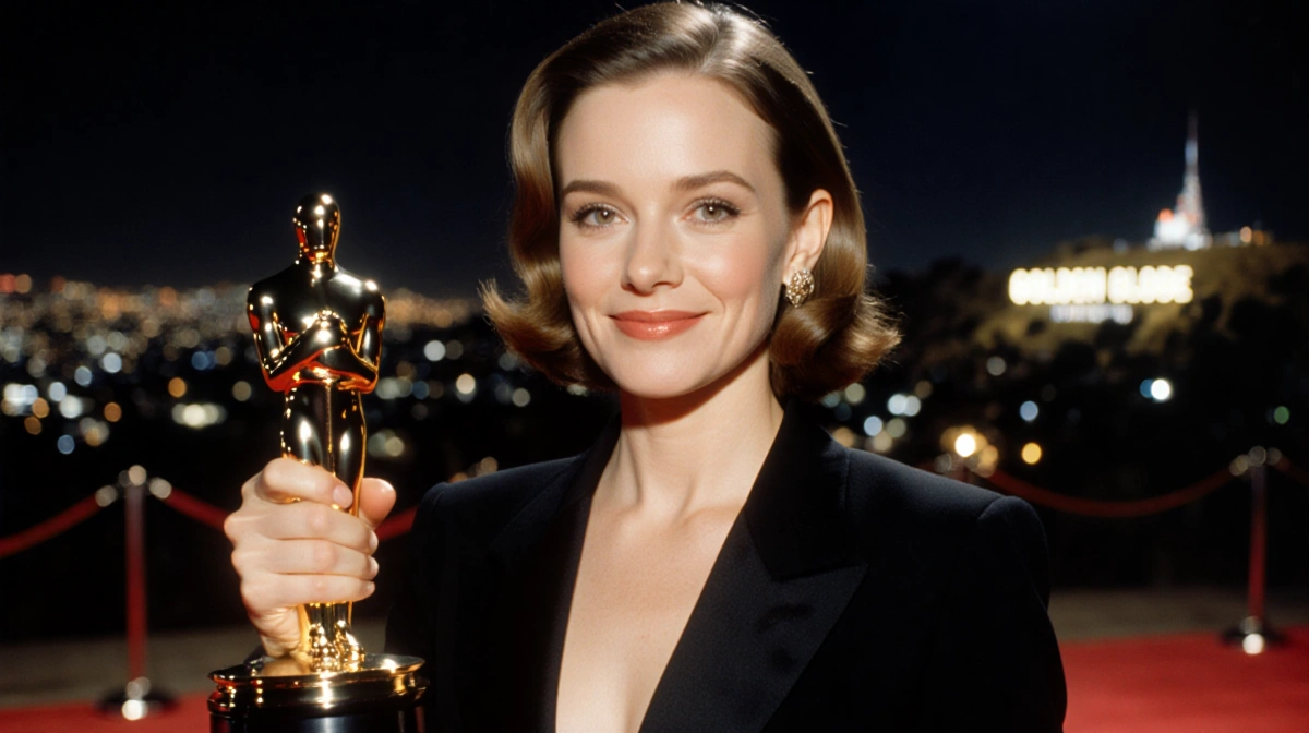 Actress in suit holding award statuette with Hollywood sign glowing behind her at night