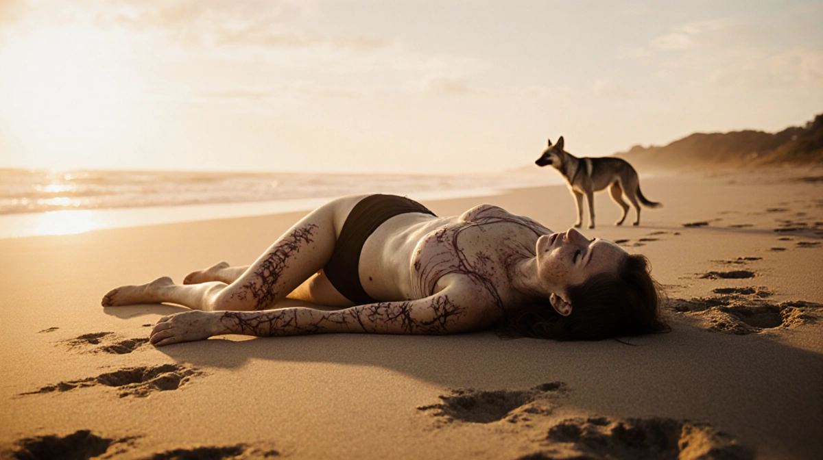Woman lying motionless on beach sand with visible scratches and animal tracks showing dingo attack evidence
