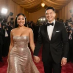 Two female comedians walk the Golden Globes red carpet with designer gowns and bright smiles while paparazzi flash cameras ne