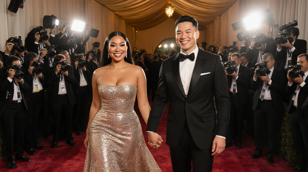 Two female comedians walk the Golden Globes red carpet with designer gowns and bright smiles while paparazzi flash cameras ne